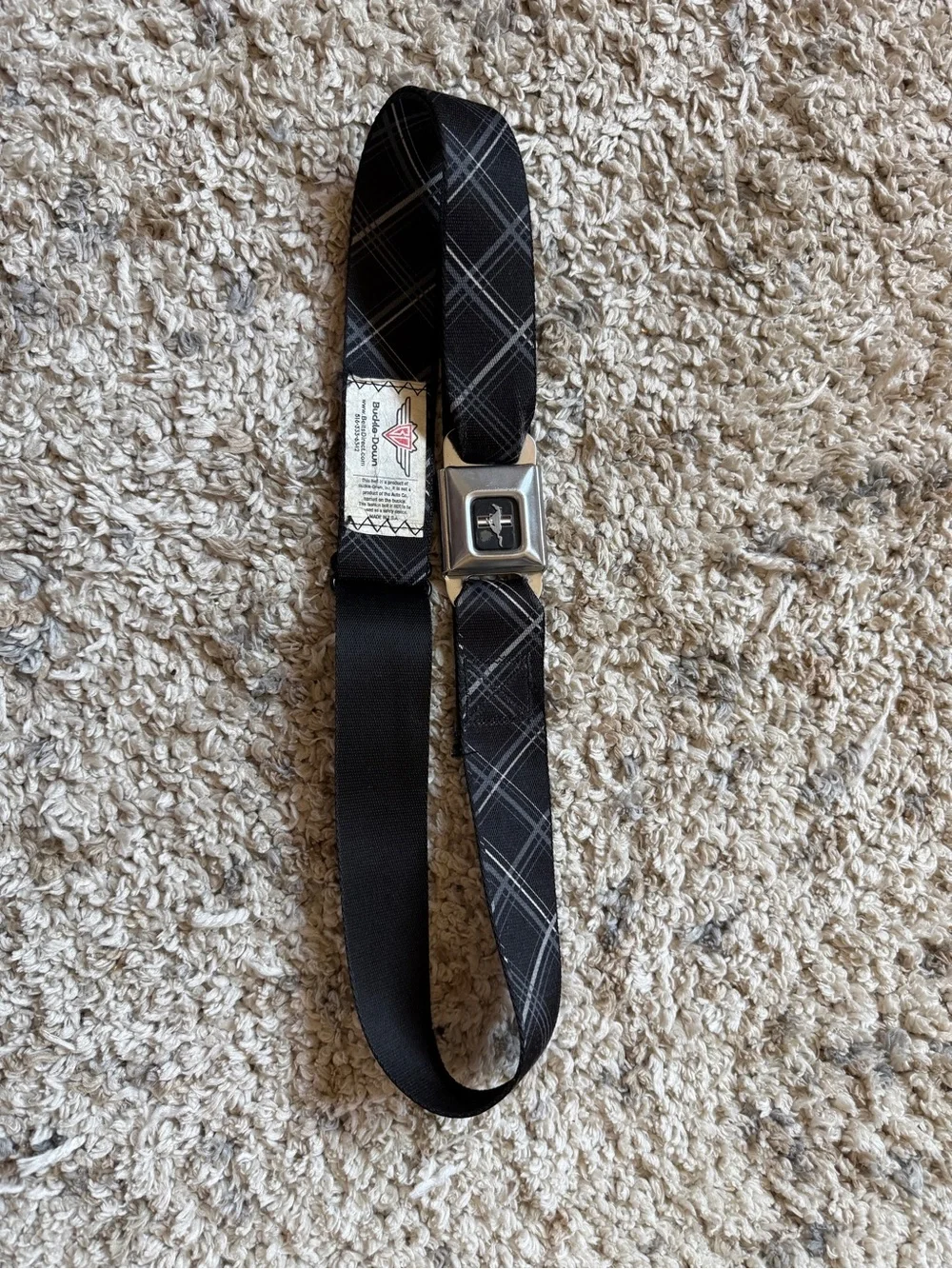 Buckle-Down Black and Gray Plaid Seatbelt-Style Belt with Metal Buckle